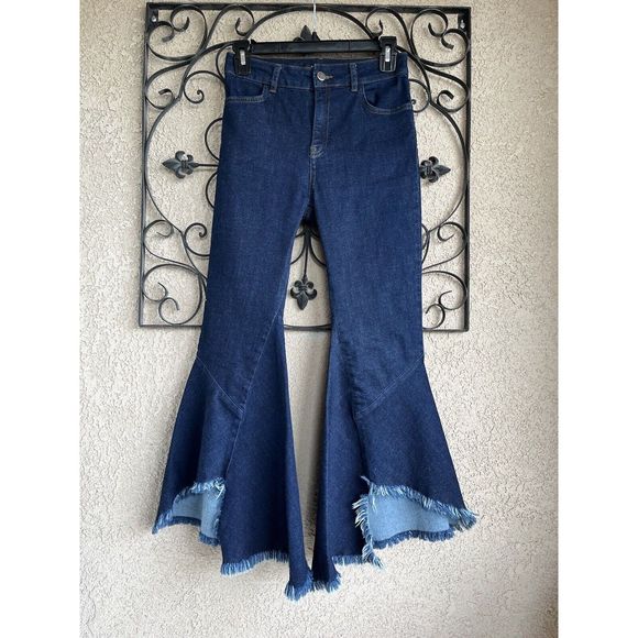 Zara Pants - Zara Bell Bottom Raw Hem Denim Pants - Size XS - Dark Blue